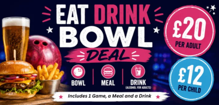 Eat, drink and bowl from only £12pp (child), £20pp (adult)